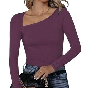 Plum Asymmetrical Neck Thong Bodysuit